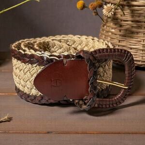 Etienne Aigner Belt Womens Brown Leather and Beige Weave Boho Wide Belt Size M